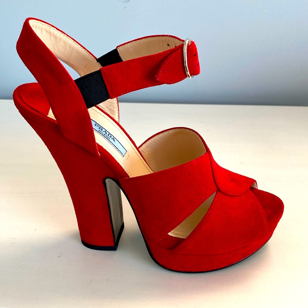 PRADA RED SUEDE LEATHER SANDALS ANKLE STRAP HEELS WOMEN’S SHOES EUR 37
